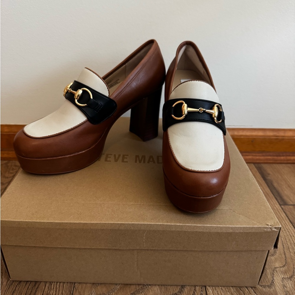 NWT Steve Madden Cinderella Platform Block Heel Loafers Gold Horsebit Size 7